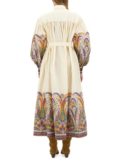 Etro Printed Cotton Midi Shirt Dress W/belt In Cream