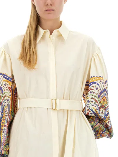 Etro Printed Cotton Midi Shirt Dress W/belt In Cream