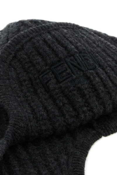Fendi Dark Grey Graphite Wool Beanie Hat In Gray