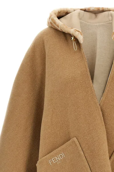 Fendi Poncho Fringed Hooded Front Pockets In Cream