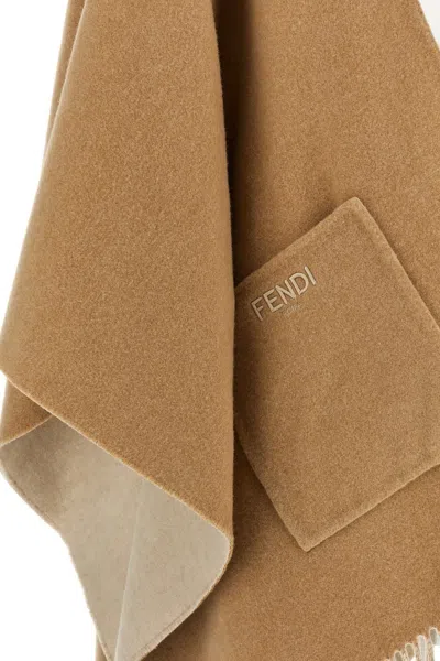 Fendi Poncho Fringed Hooded Front Pockets In Cream