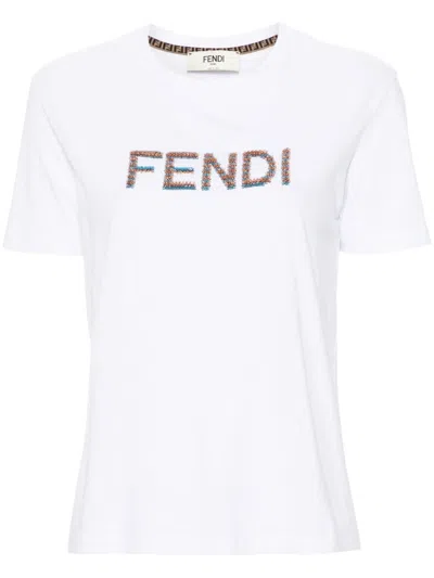 Shop Fendi Women Embroidered Logo Cotton T-shirt In Multicolor