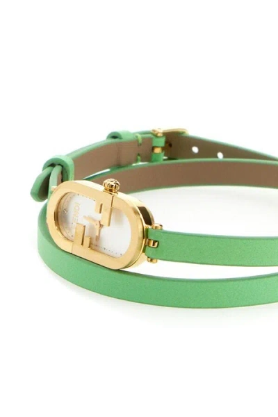 Fendi Women Mint Green Leather O Lock Vertical Watch In Green