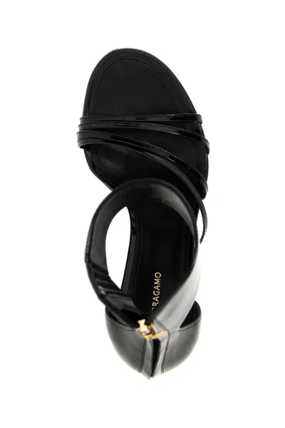 Ferragamo Strappy Glossy Stiletto Sandals With Ankle Strap In Black