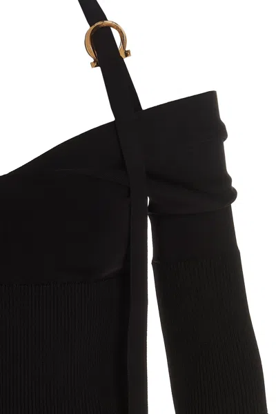 Ferragamo Knit Midi Dress With Gancini Buckle In Black