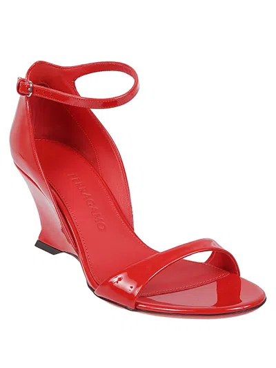 Ferragamo Glossy Leather Sandals With Shaped Wedge Heel In Red