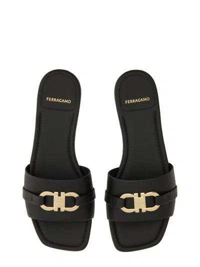 Ferragamo Square Lambskin Sandals Gold-tone Hardware In Black