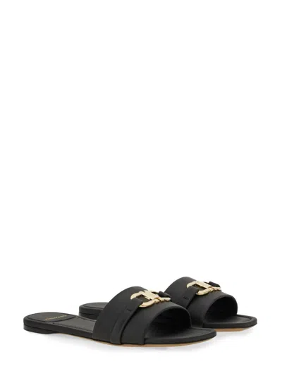 Ferragamo Square Lambskin Sandals Gold-tone Hardware In Black