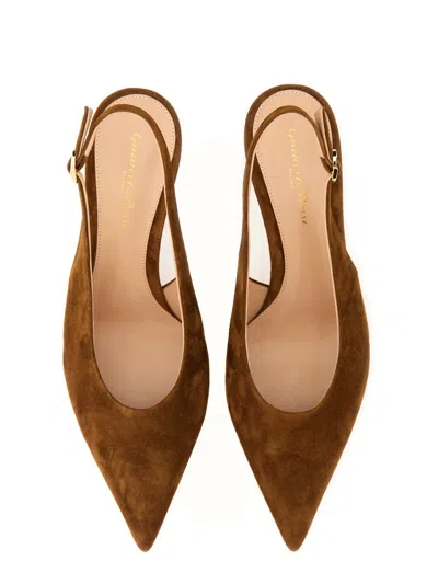 Gianvito Rossi Suede Stiletto Heel Pumps With Ribbon Buckle In Brown