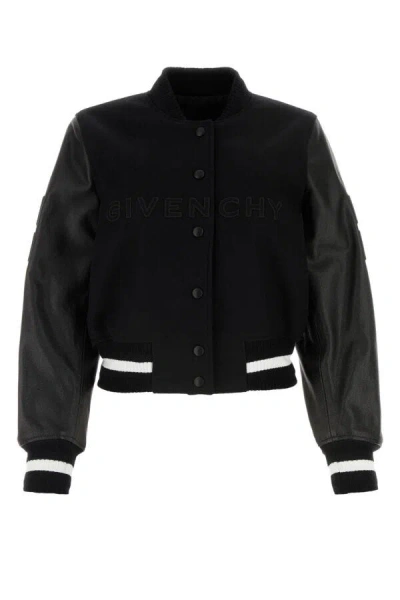 Givenchy Wool Blend Parka With Leather Sleeves And Iconic Branding In Black
