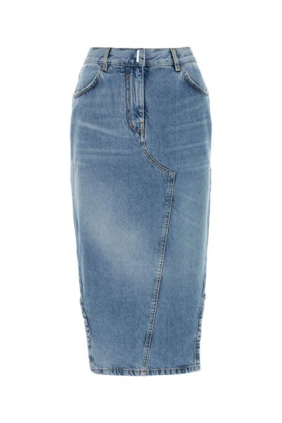 Givenchy Blue Asymmetric Denim Midi Skirt In Blue