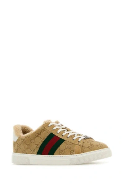 Gucci Men Camel Suede Ace Sneakers In Brown
