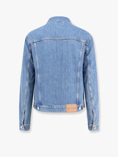 Gucci Light Blue Jacket With Gg Logo Print On The Front In Denim Man In Blue