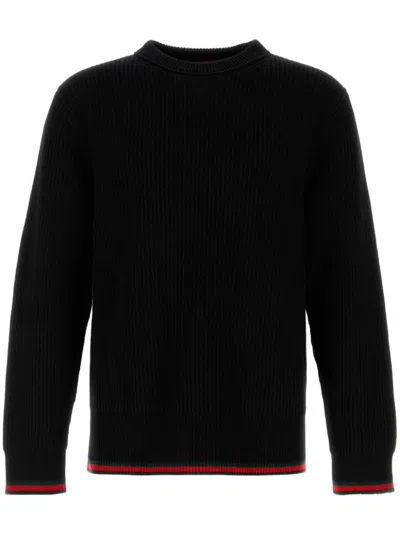 Gucci Black Crewneck Sweater With Web Detail In Ribbed Wool Blend Man In Multicolor