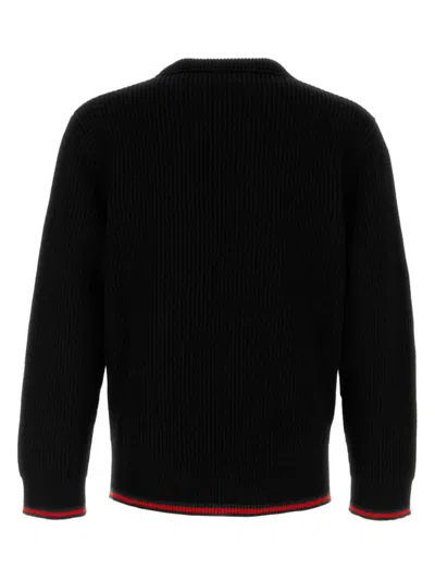 Gucci Black Crewneck Sweater With Web Detail In Ribbed Wool Blend Man In Multicolor