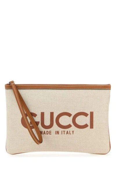 Gucci Logo-print Leather-trim Canvas Clutch In Brown