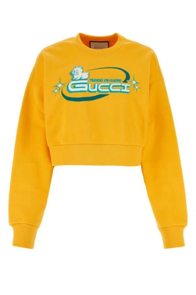 Gucci Crew Neck Cropped Sweatshirt With Graphic Print In Yellow
