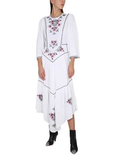 Isabel Marant Sonia Asymmetric Pleated Embroidered Crepe De Chine Midi Dress In White