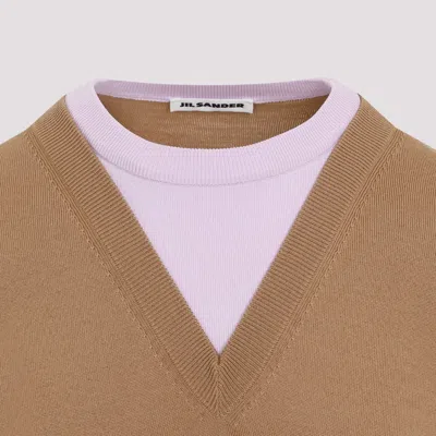 Jil Sander Brown And Lillac Double-neck Sweater In Wool Man In Multicolor