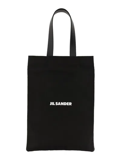 Jil Sander Logo Print Cotton-linen Blend Tote Bag In Black