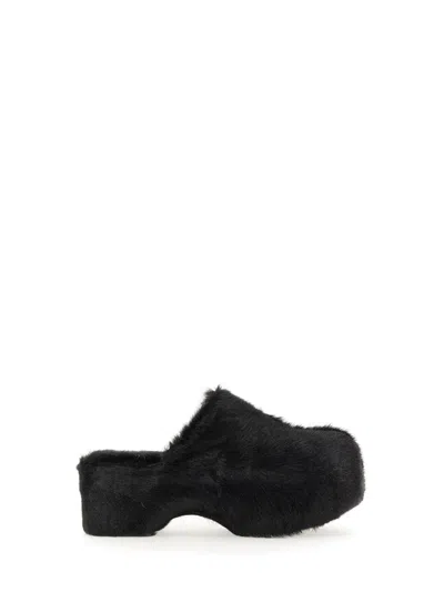 Jil Sander Platform Mules With Plush Fur And Rounded Toe In Black
