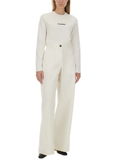 Jil Sander Crew Neck Long Sleeve Boxy Fit Printed Logo Sweatshirt In White