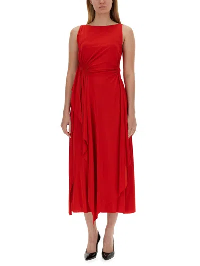Lanvin Draped Red Midi Dress With Flattering Silhouette In Red