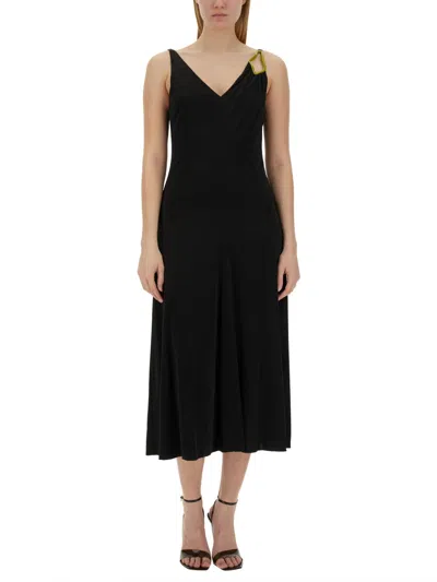 Lanvin Black Midi Dress With Asymmetrical Shoulder Detail In Black