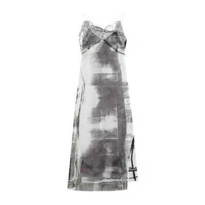 Maison Margiela Lace Trim Abstract-print Midi Slip Dress In Gray