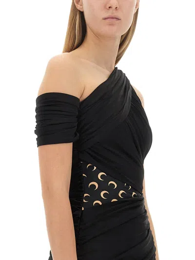 Marine Serre Shelter One-shoulder Draped Jersey Minidress In Black