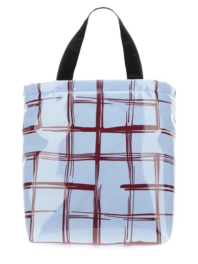 Marni Glossy Coated Canvas Tote Bag With Double Handles And Plaid Pattern In Blue