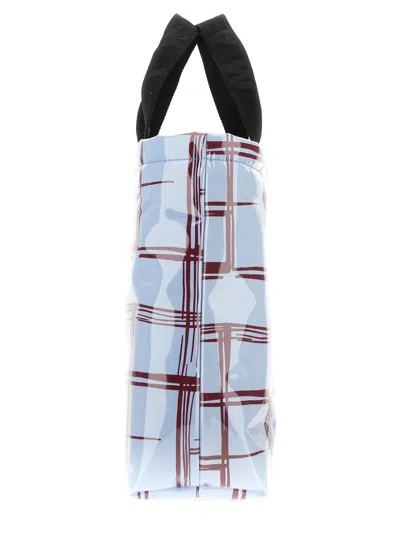 Marni Glossy Coated Canvas Tote Bag With Double Handles And Plaid Pattern In Blue