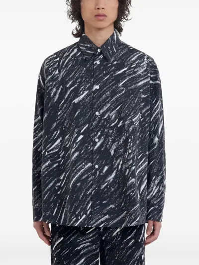 Marni Flocked Denim Oversized Shirt With Crayon Print In Multicolor