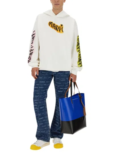 Marni White Bio Cotton Hoodie With Graffiti Prints In White