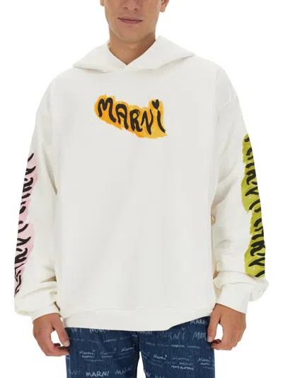Marni White Bio Cotton Hoodie With Graffiti Prints In White