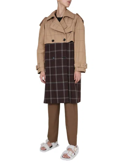 Marni Two-tone Checkered Trench Coat In Brown