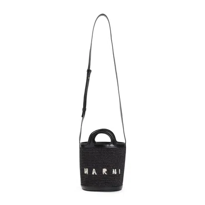 Marni Black Leather And Raffia Tropicalia Bucket Bag In Black
