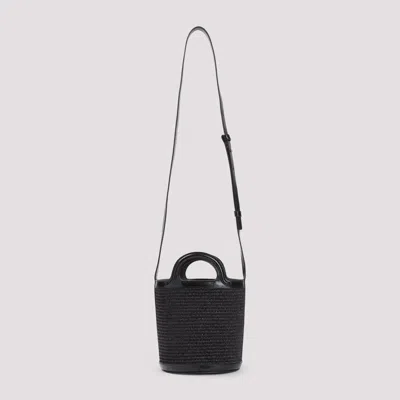 Marni Black Leather And Raffia Tropicalia Bucket Bag In Black