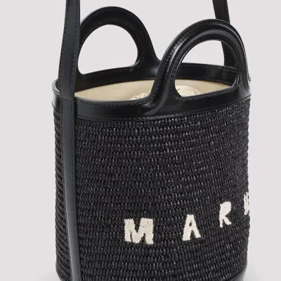 Marni Black Leather And Raffia Tropicalia Bucket Bag In Black