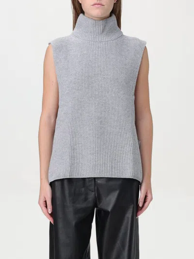 Max Mara Ribbed Wool And Cashmere Gilet With High Collar And Side Slits In Gray