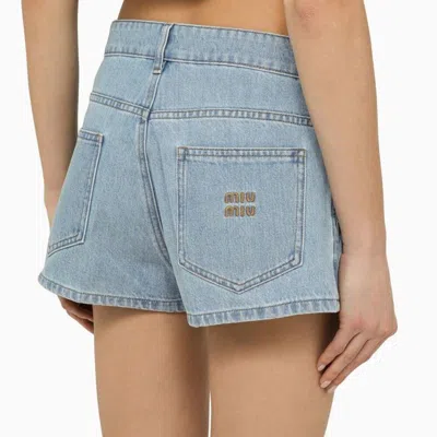 Miu Miu Light Blue Denim Short With Logo In Blue