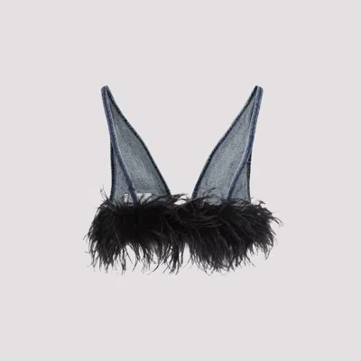 Miu Miu Denim Feathers Embellishment Top In Blue