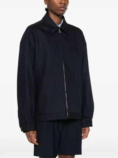 Miu Miu Pinstripe Zip Front Wool Jacket In Multicolor