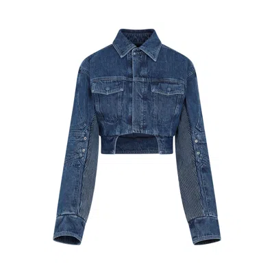 Off-white Cropped Denim Moto Jacket With Front Cutout In Blue