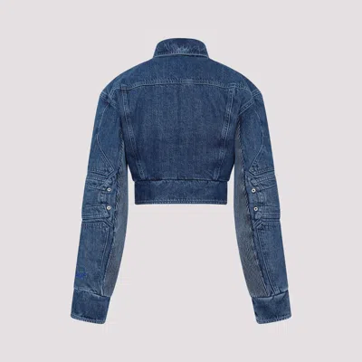 Off-white Cropped Denim Moto Jacket With Front Cutout In Blue