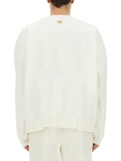 Palm Angels White Crewneck Sweatshirt With Burning Logo Print In Cotton Man In White