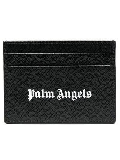 Palm Angels Gothic Leather Logo Cardholder With Tonal Stitching In Black