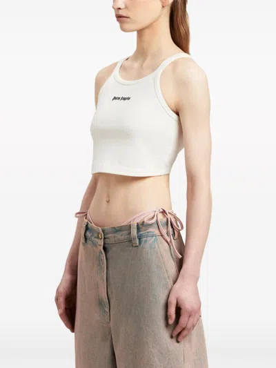 Palm Angels White Cropped Tank Top With Embroidered Logo In Cotton Woman In Multicolor