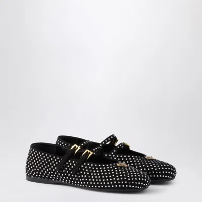 Prada Black Velvet Rhinestone Ballerina With Logo Triangle Women In Silver