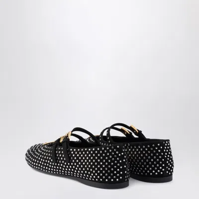 Prada Black Velvet Rhinestone Ballerina With Logo Triangle Women In Silver